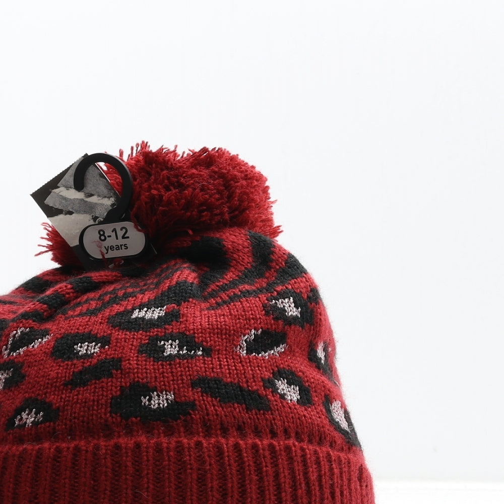 George Girls Red Animal Print Acrylic Bobble Hat One Size - Leopard Print