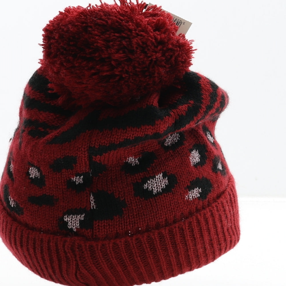 George Girls Red Animal Print Acrylic Bobble Hat One Size - Leopard Print