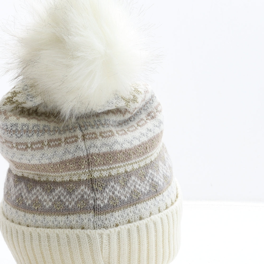 Preworn Womens Beige Fair Isle Acrylic Bobble Hat One Size