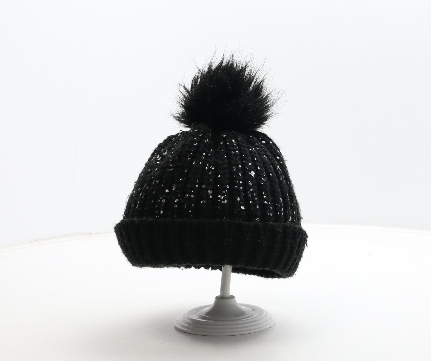 F&F Girls Black Acrylic Bobble Hat Size S
