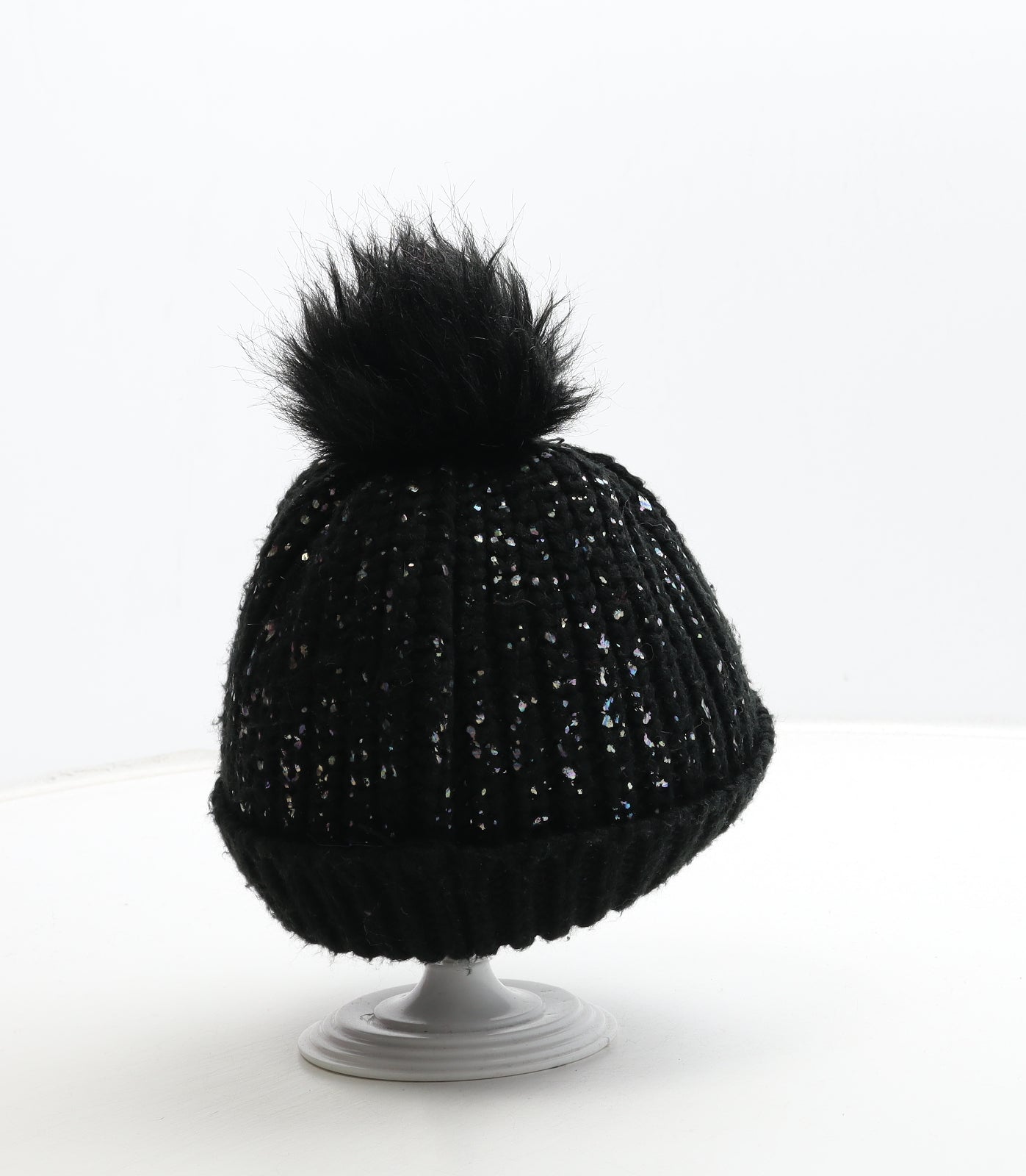 F&F Girls Black Acrylic Bobble Hat Size S