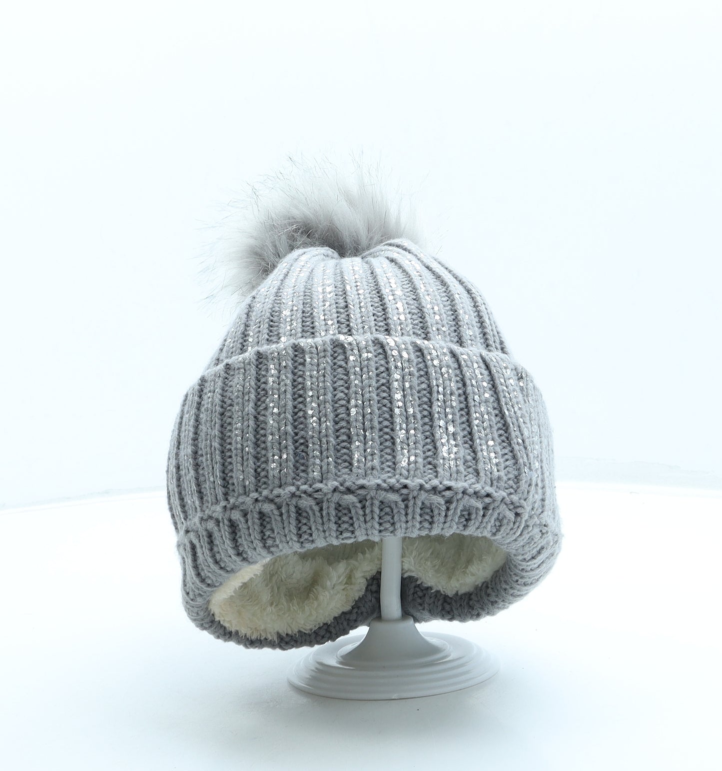 SheIn Womens Grey Acrylic Bobble Hat One Size - Pom Pom