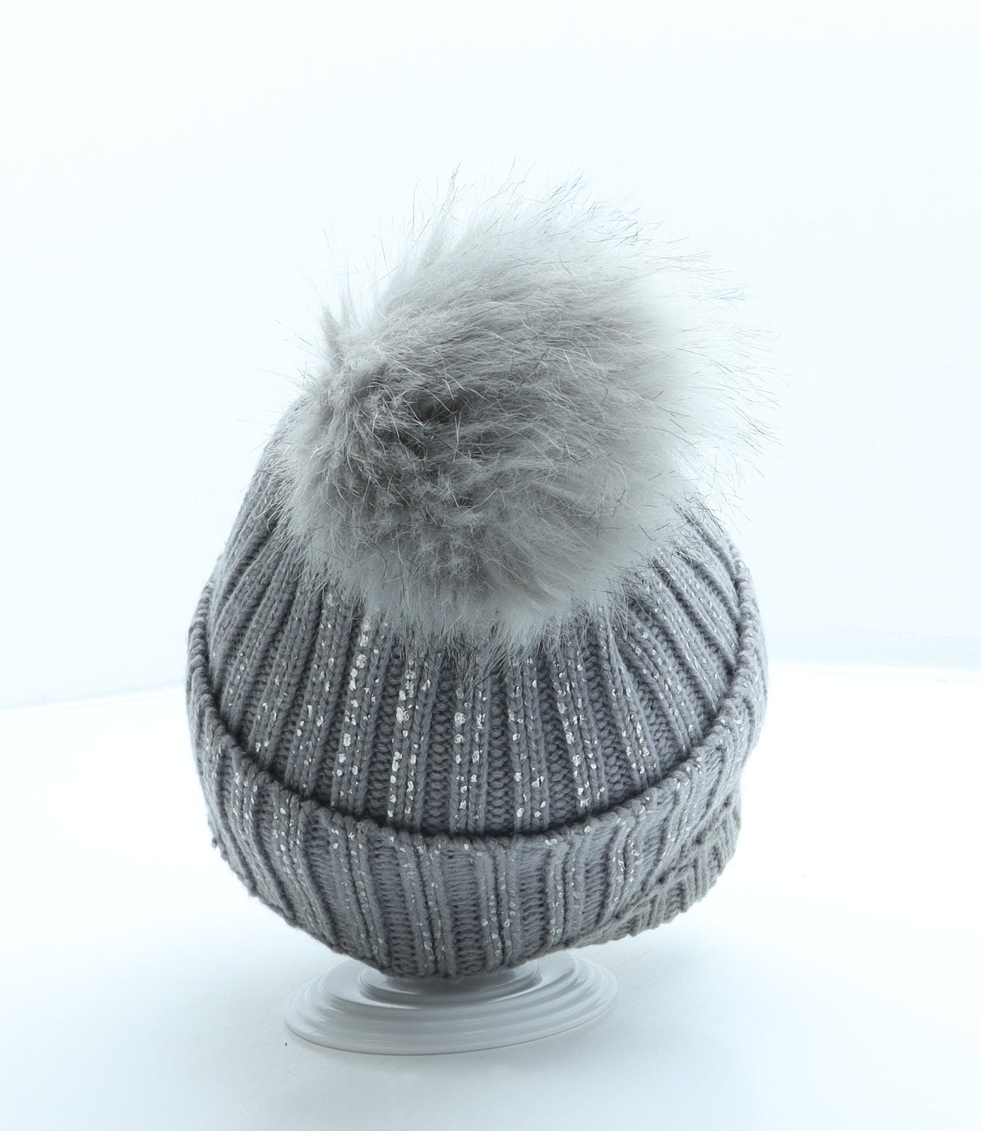 SheIn Womens Grey Acrylic Bobble Hat One Size - Pom Pom