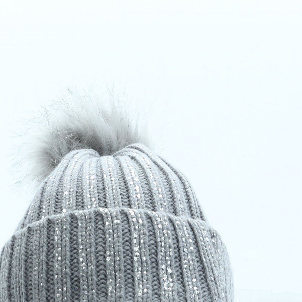 SheIn Womens Grey Acrylic Bobble Hat One Size - Pom Pom