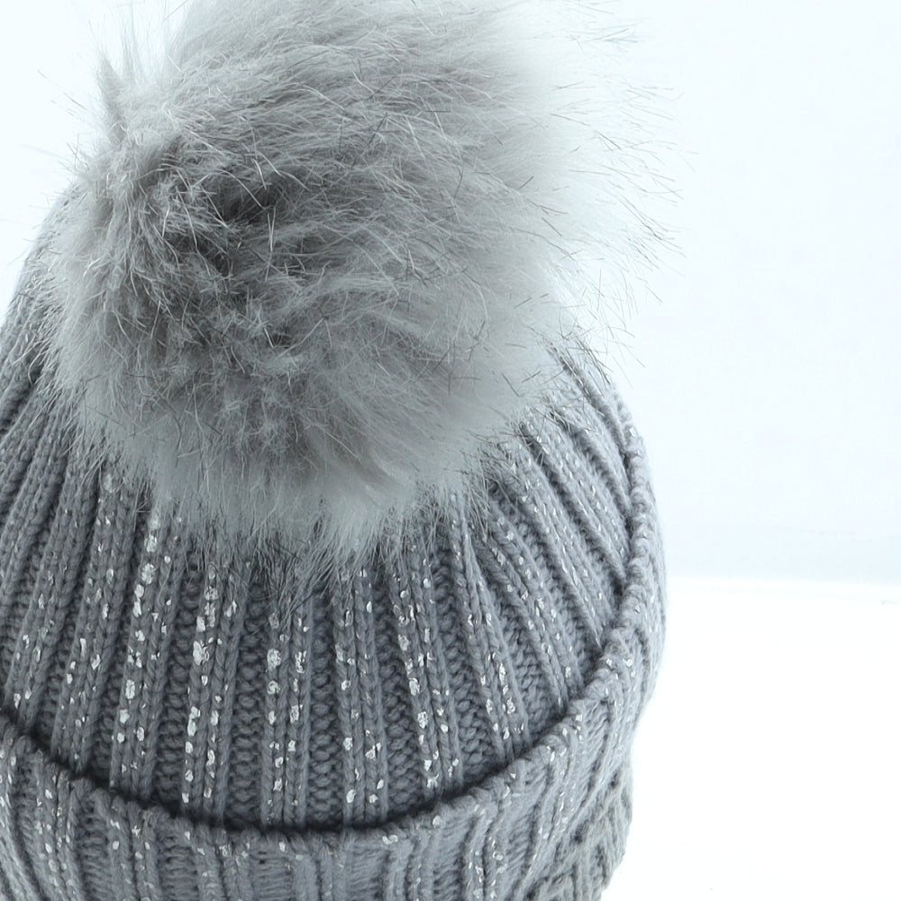 SheIn Womens Grey Acrylic Bobble Hat One Size - Pom Pom