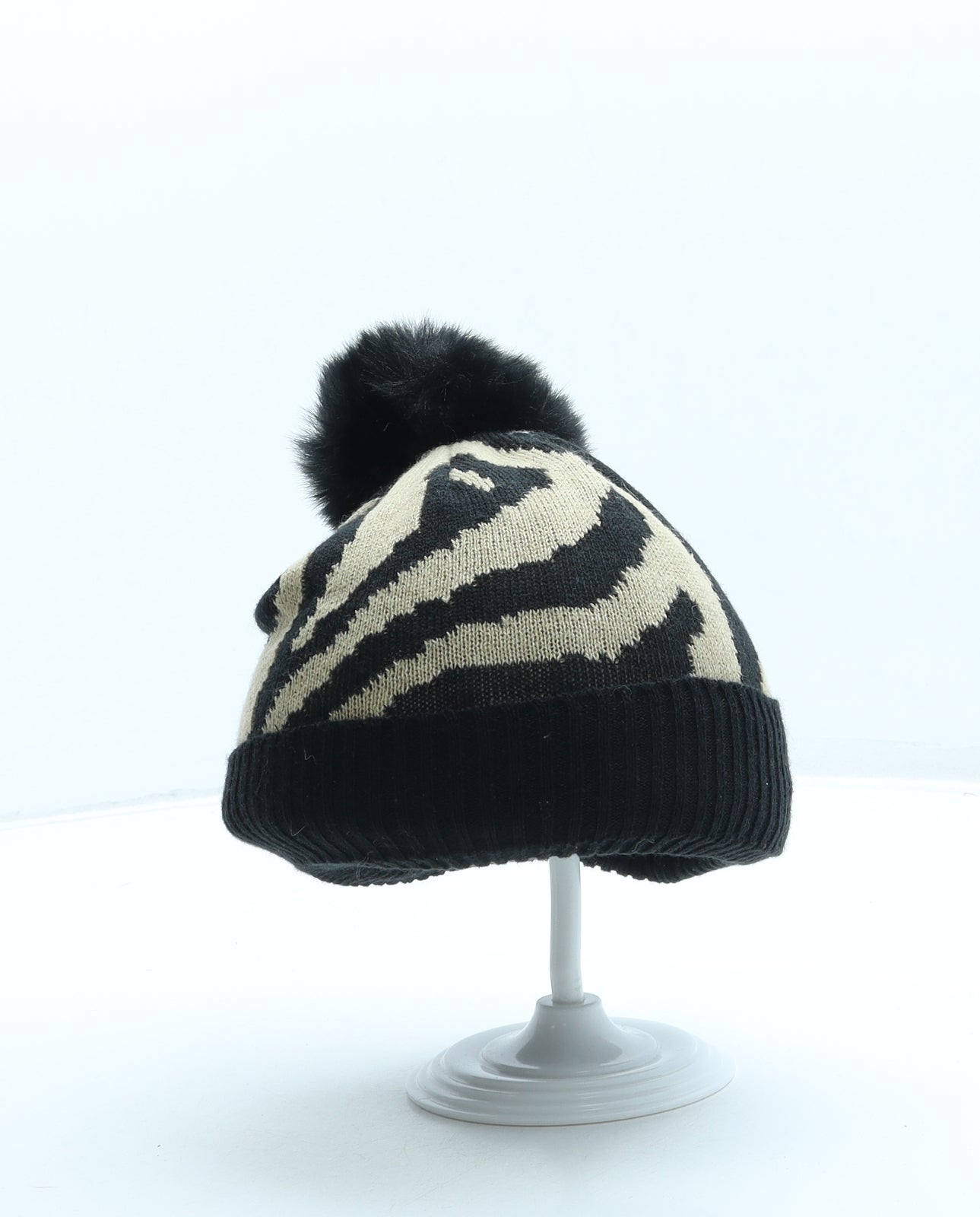 SheIn Womens Black Animal Print Acrylic Bobble Hat Size S - Pom Pom