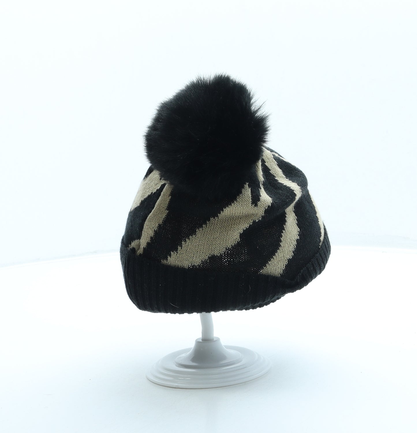 SheIn Womens Black Animal Print Acrylic Bobble Hat Size S - Pom Pom
