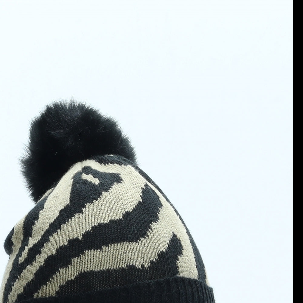 SheIn Womens Black Animal Print Acrylic Bobble Hat Size S - Pom Pom
