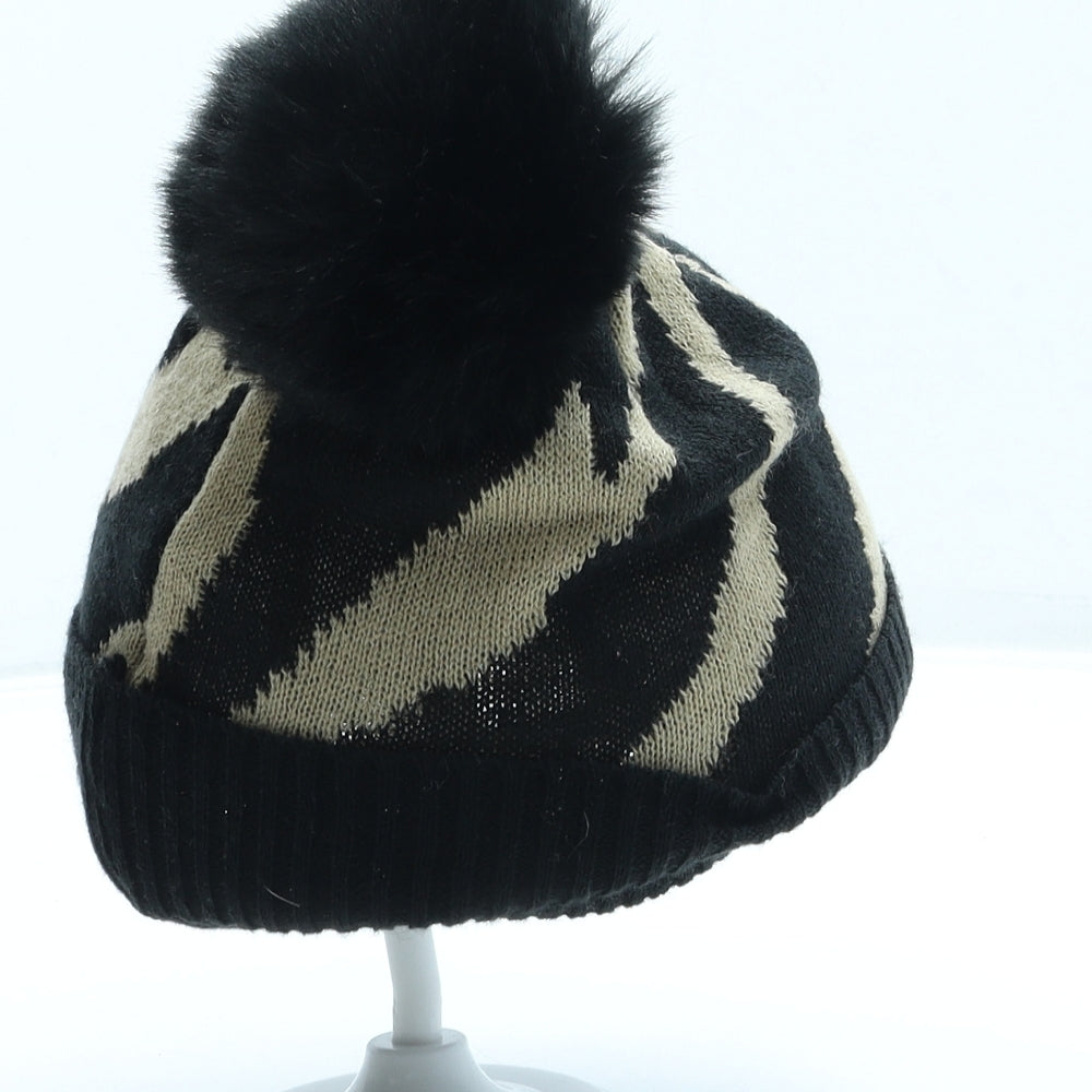 SheIn Womens Black Animal Print Acrylic Bobble Hat Size S - Pom Pom