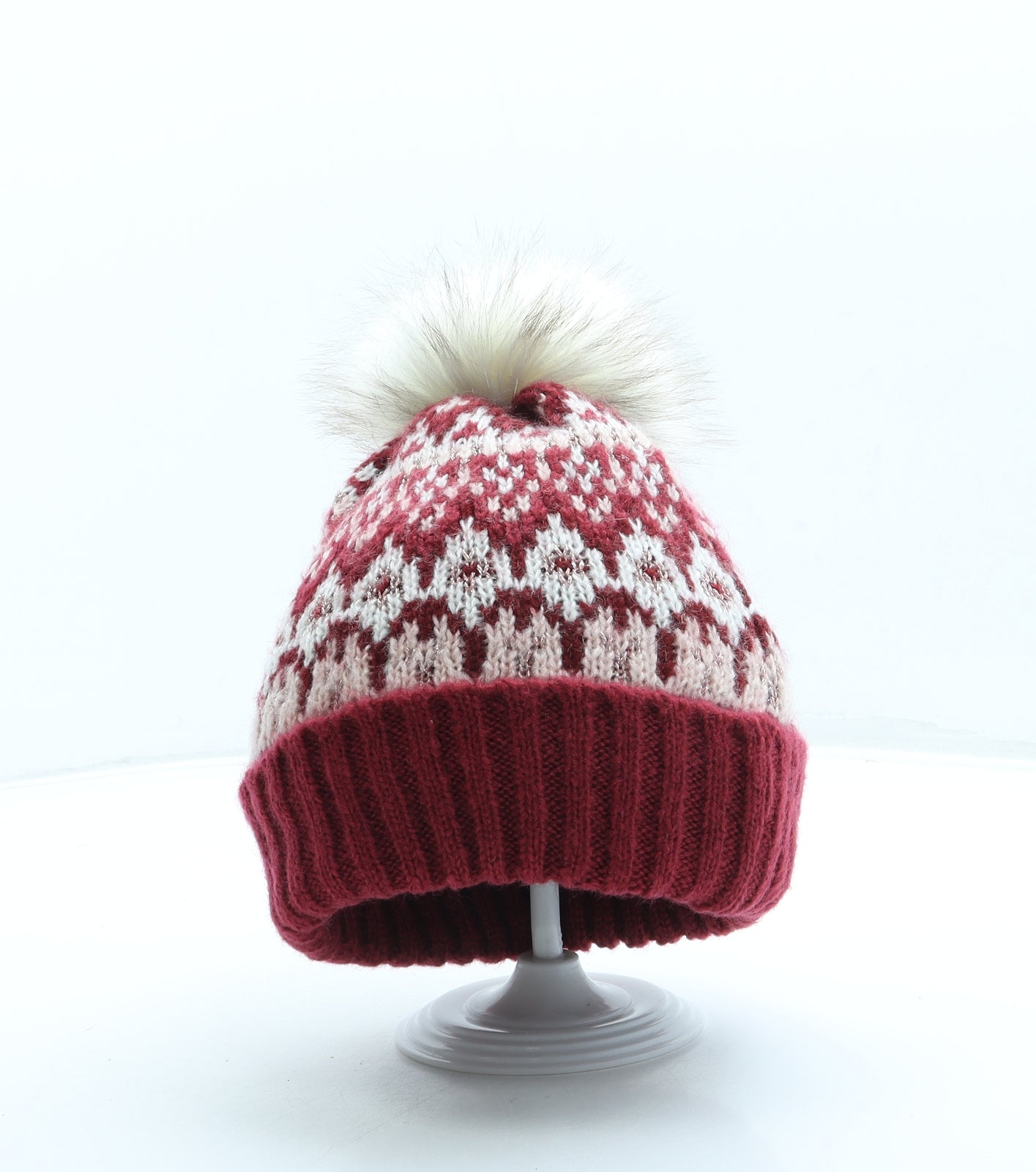 Sainsburys Womens Red Geometric Acrylic Bobble Hat One Size - Pom Pom