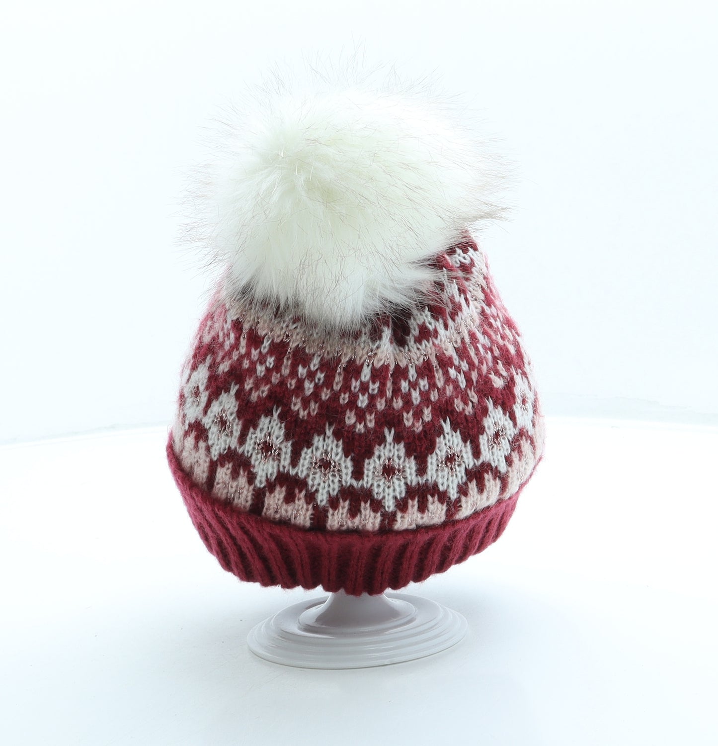 Sainsburys Womens Red Geometric Acrylic Bobble Hat One Size - Pom Pom