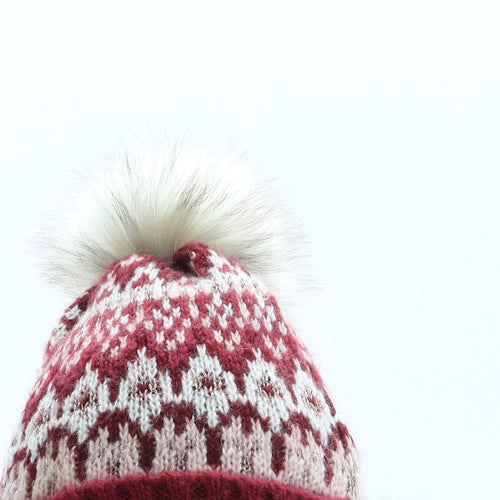 Sainsburys Womens Red Geometric Acrylic Bobble Hat One Size - Pom Pom