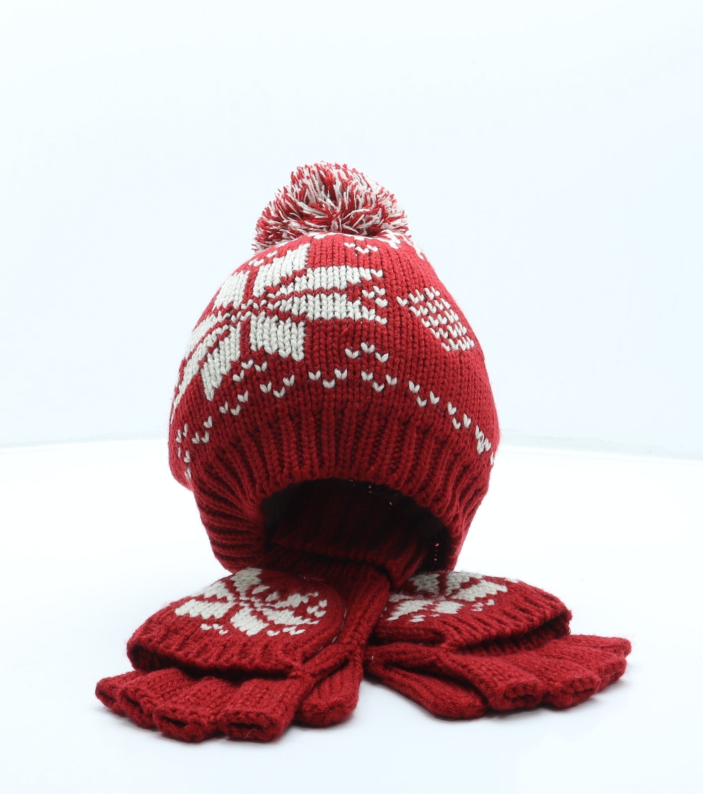 BHS Womens Red Fair Isle Acrylic Bobble Hat One Size - Pom Pom