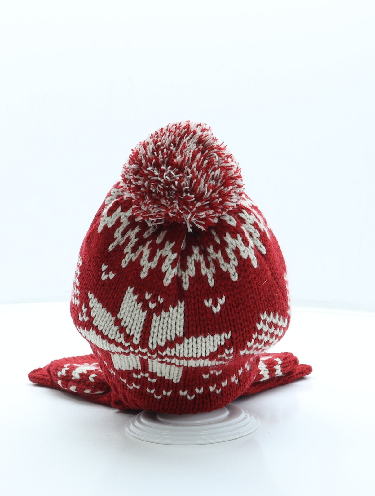 BHS Womens Red Fair Isle Acrylic Bobble Hat One Size - Pom Pom
