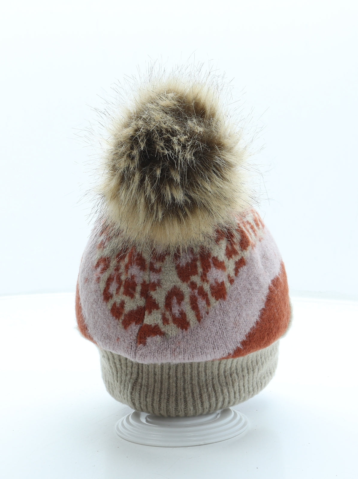 Melody Womens Brown Animal Print Acrylic Bobble Hat One Size - Pom Pom