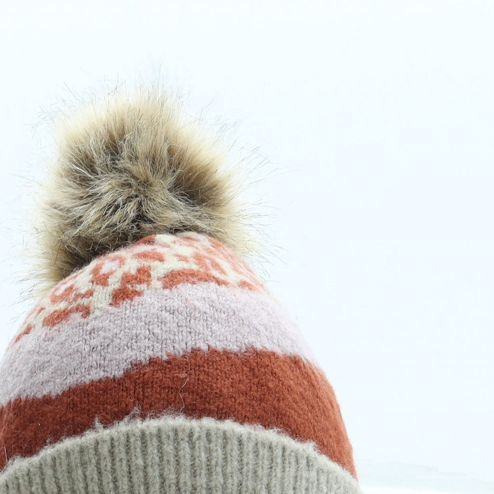 Melody Womens Brown Animal Print Acrylic Bobble Hat One Size - Pom Pom