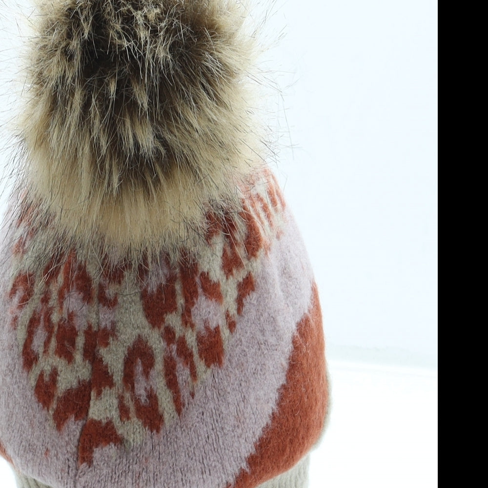 Melody Womens Brown Animal Print Acrylic Bobble Hat One Size - Pom Pom