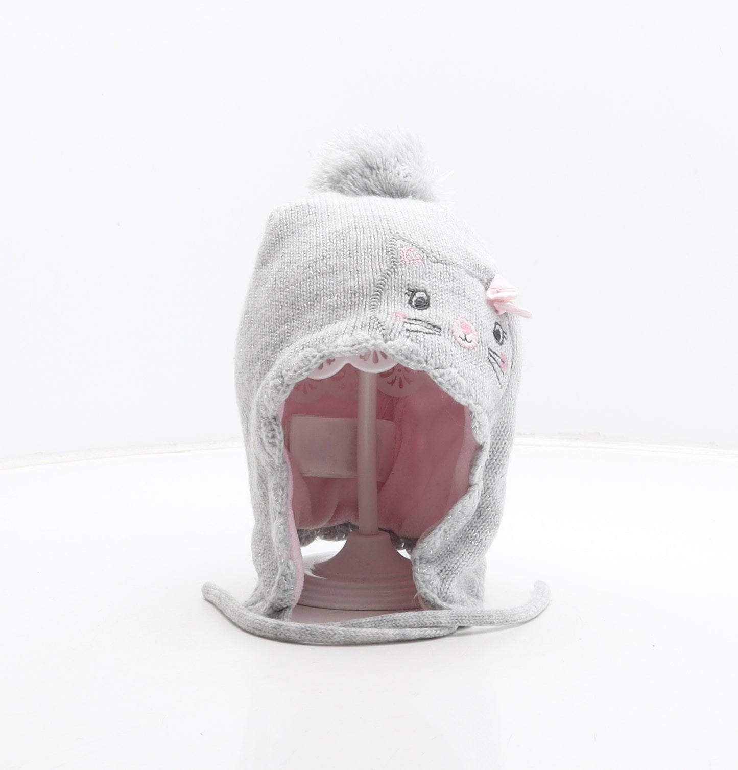 H&M Girls Grey Acrylic Bonnet One Size - Cat design