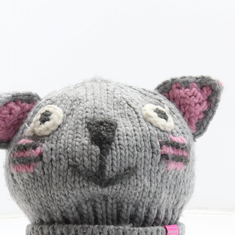Joules Girls Grey Acrylic Beanie One Size - Cat design