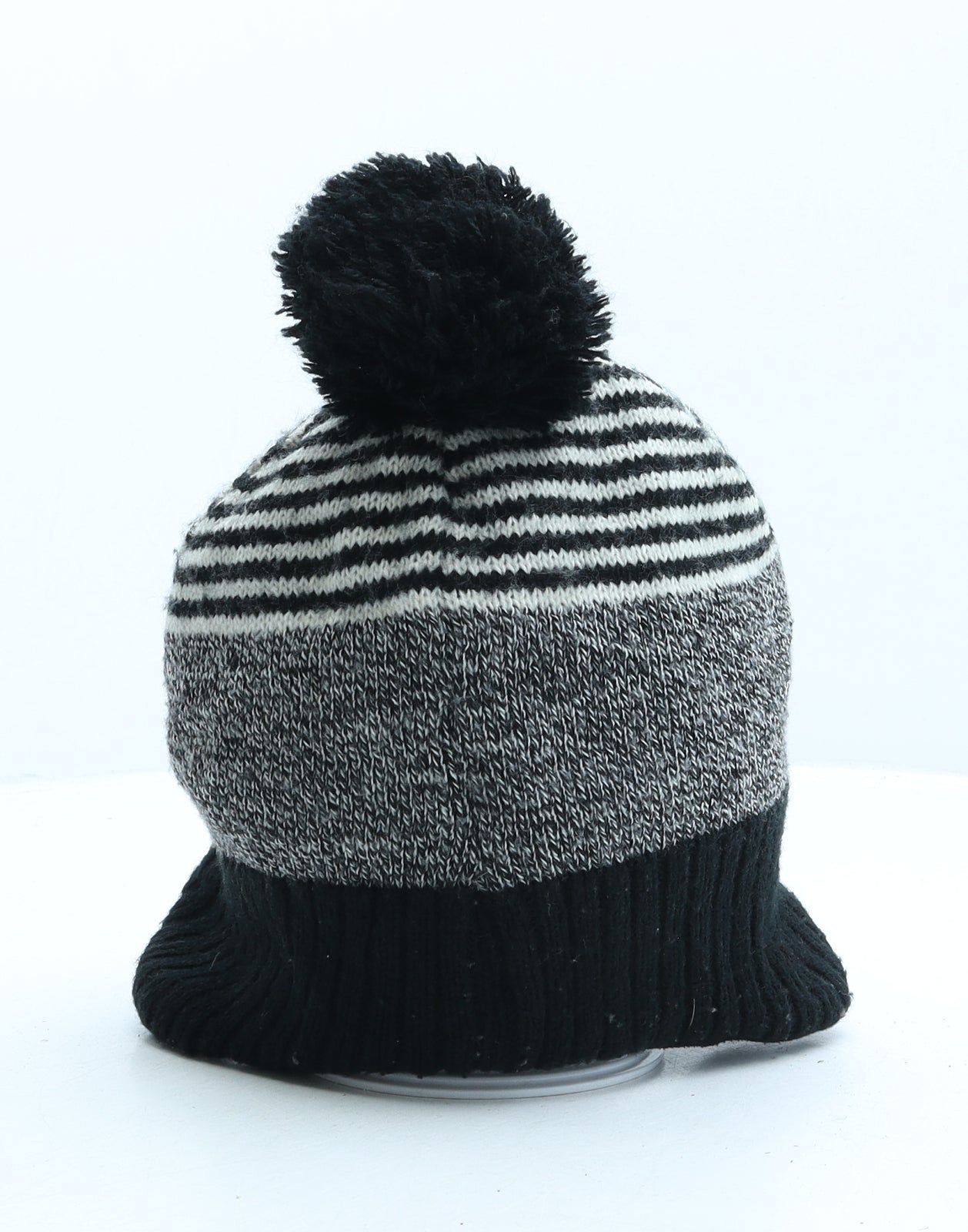 H&M Boys Black Striped Acrylic Bobble Hat One Size