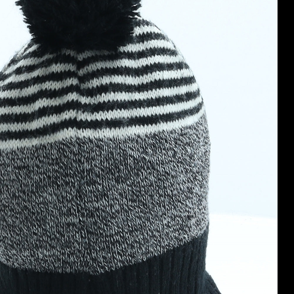 H&M Boys Black Striped Acrylic Bobble Hat One Size