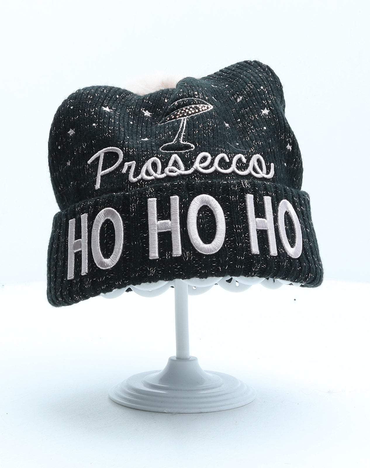 F&F Womens Black Acrylic Bobble Hat One Size - Christmas Prosecco