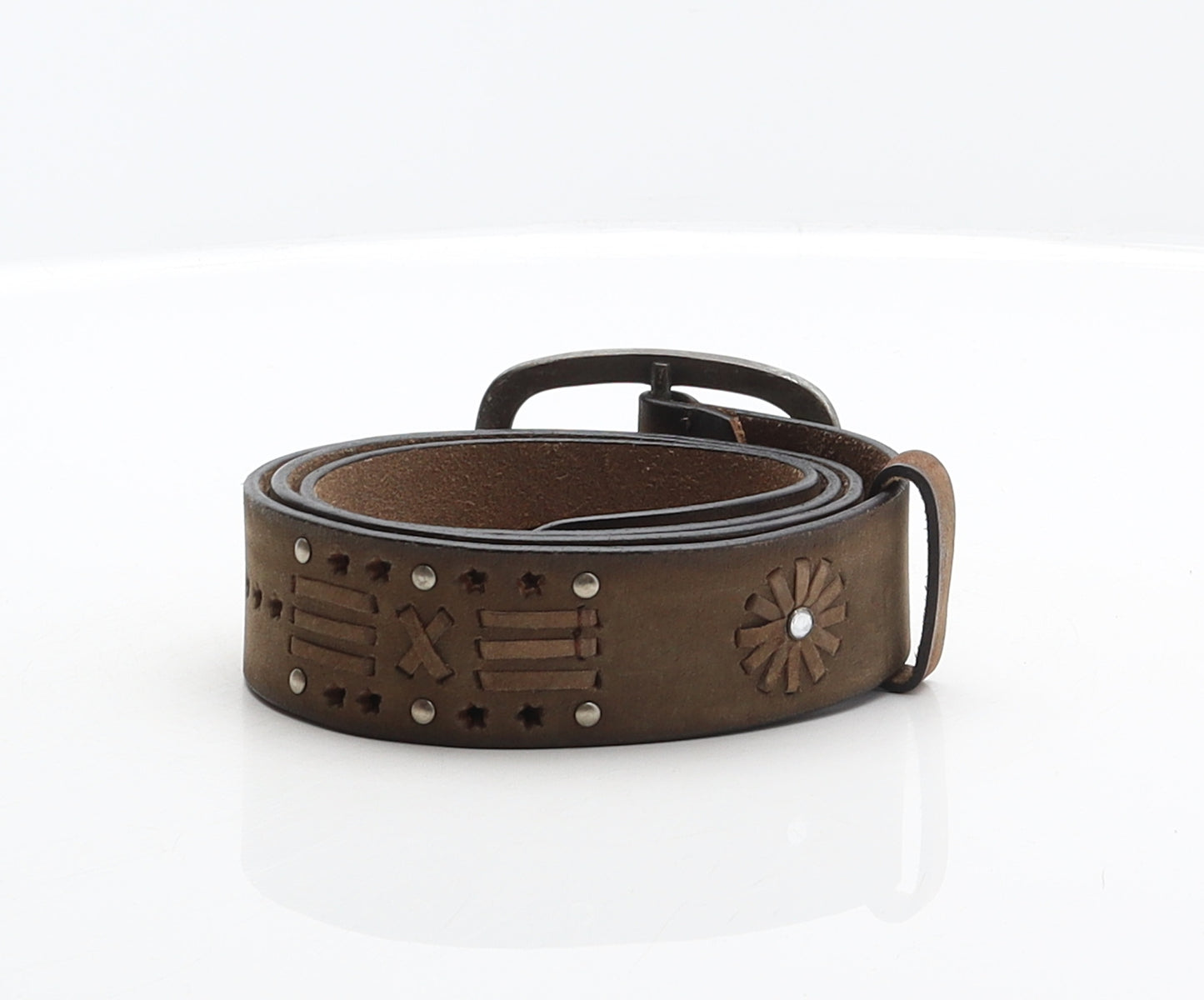 Preworn Womens Brown Solid Leather Western Belt Belt One Size - Cut out details