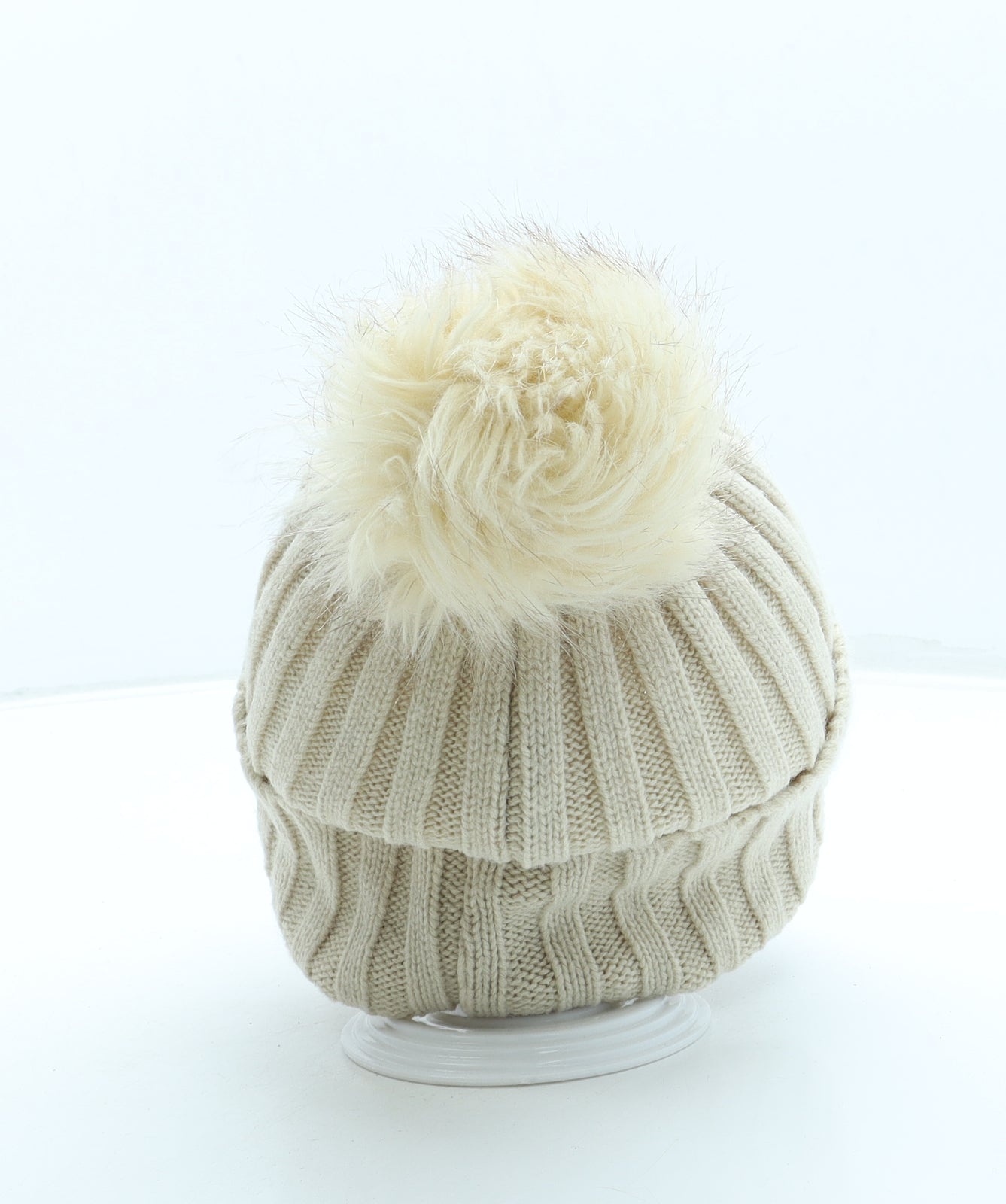 SheIn Womens Beige Acrylic Bobble Hat One Size - Pom Pom