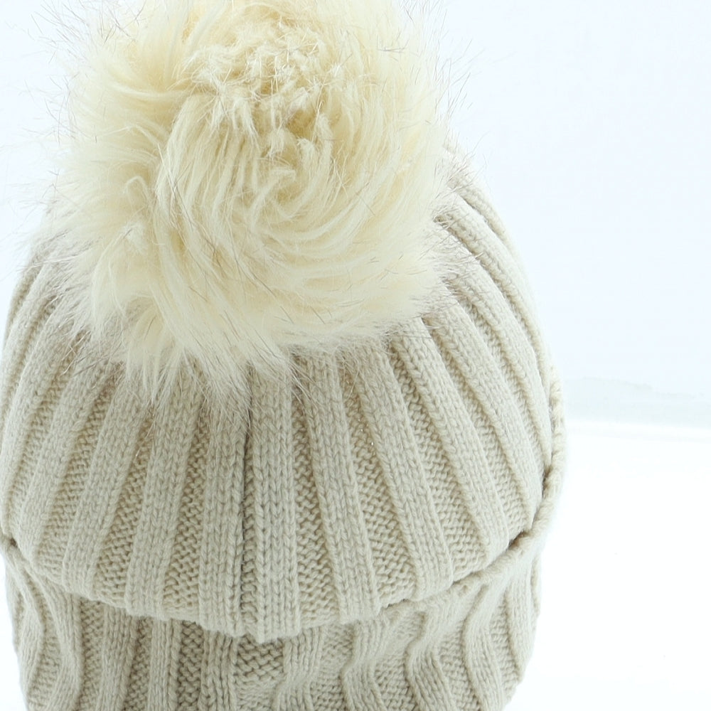 SheIn Womens Beige Acrylic Bobble Hat One Size - Pom Pom