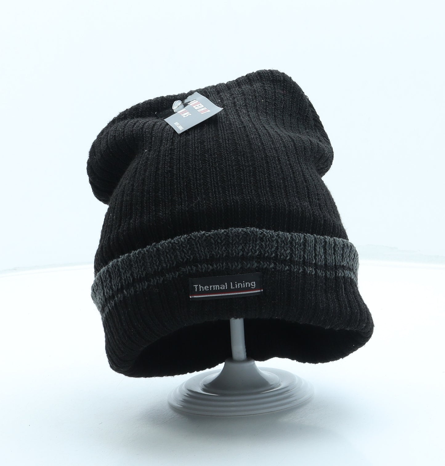 Ribbed Mens Black Polyester Beanie One Size