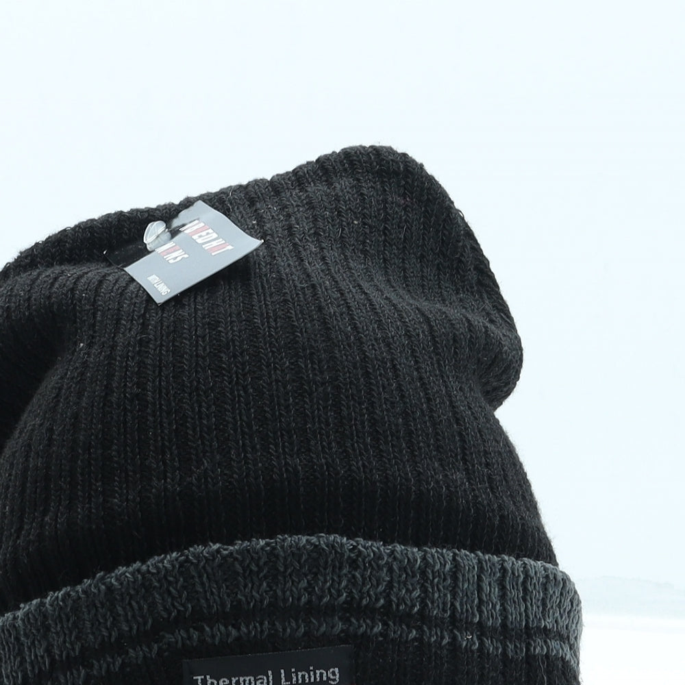 Ribbed Mens Black Polyester Beanie One Size