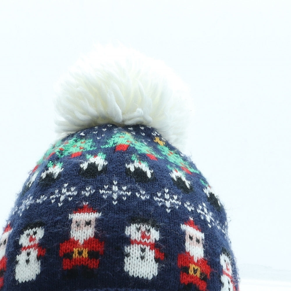 Atmosphere Womens Blue Geometric Acrylic Bobble Hat One Size - Christmas