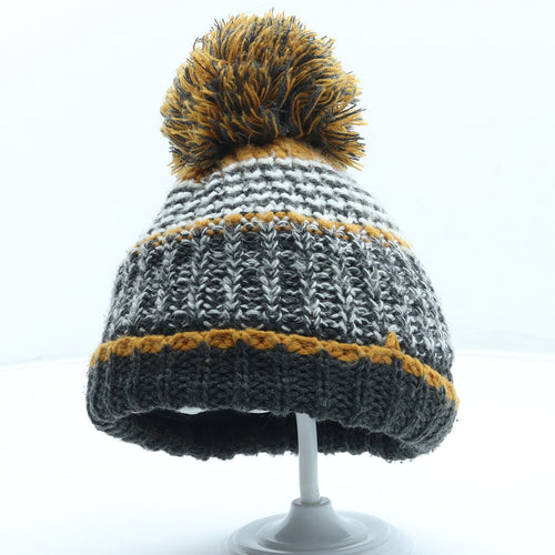 F&F Boys Grey Striped Acrylic Bobble Hat One Size - Pom Pom