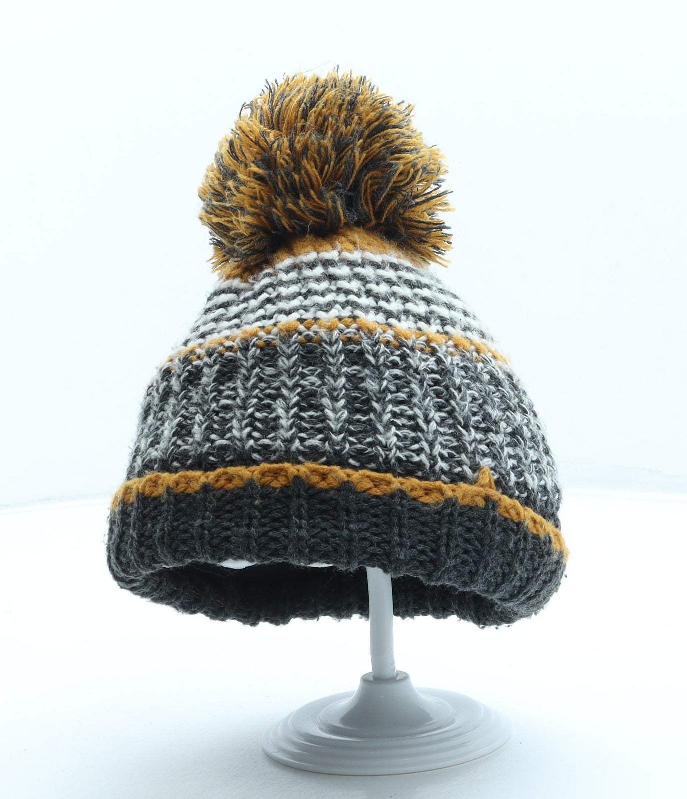 F&F Boys Grey Striped Acrylic Bobble Hat One Size - Pom Pom