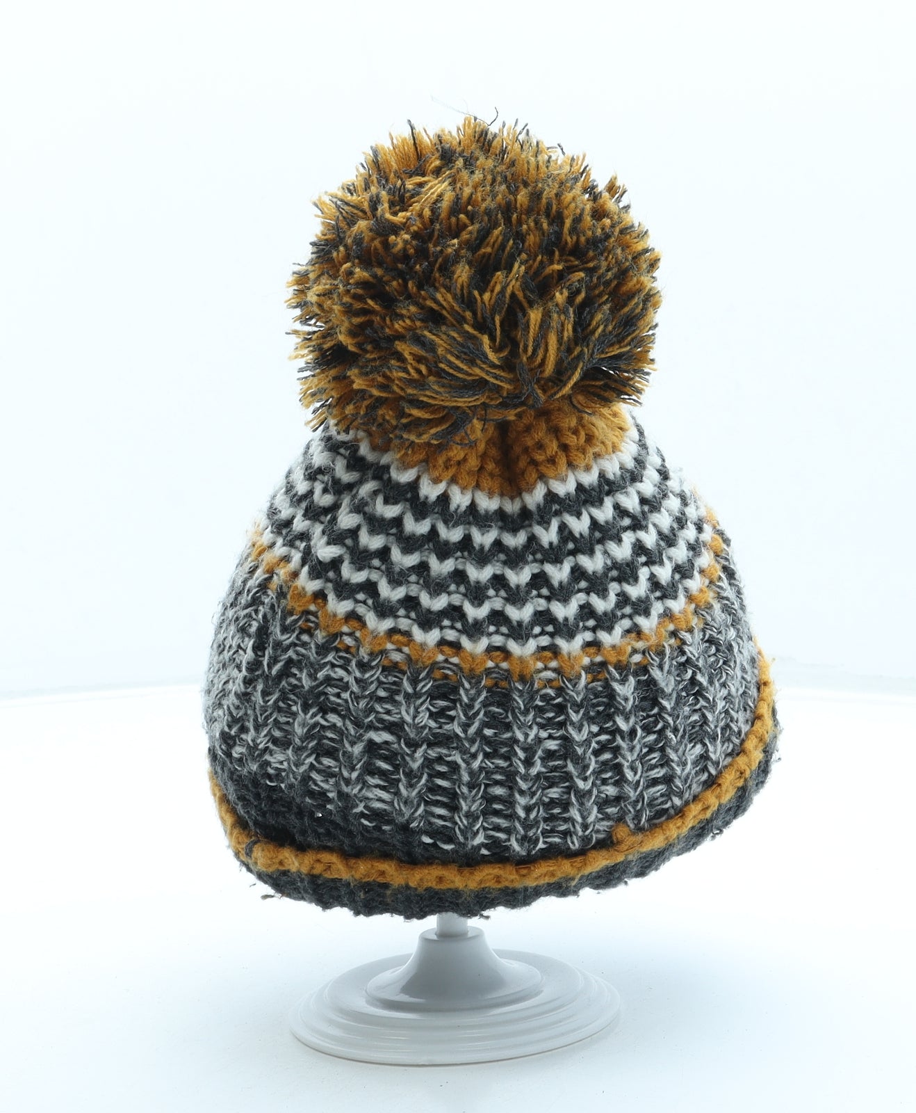 F&F Boys Grey Striped Acrylic Bobble Hat One Size - Pom Pom
