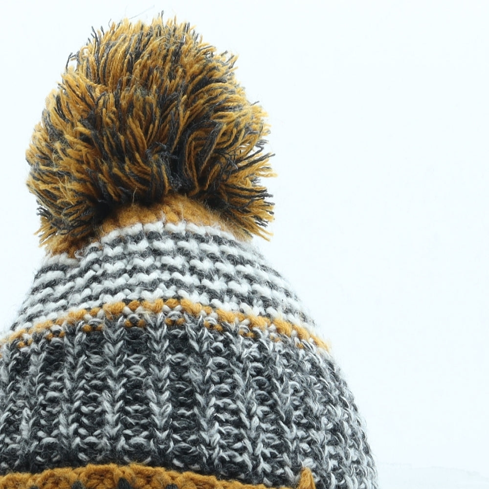 F&F Boys Grey Striped Acrylic Bobble Hat One Size - Pom Pom