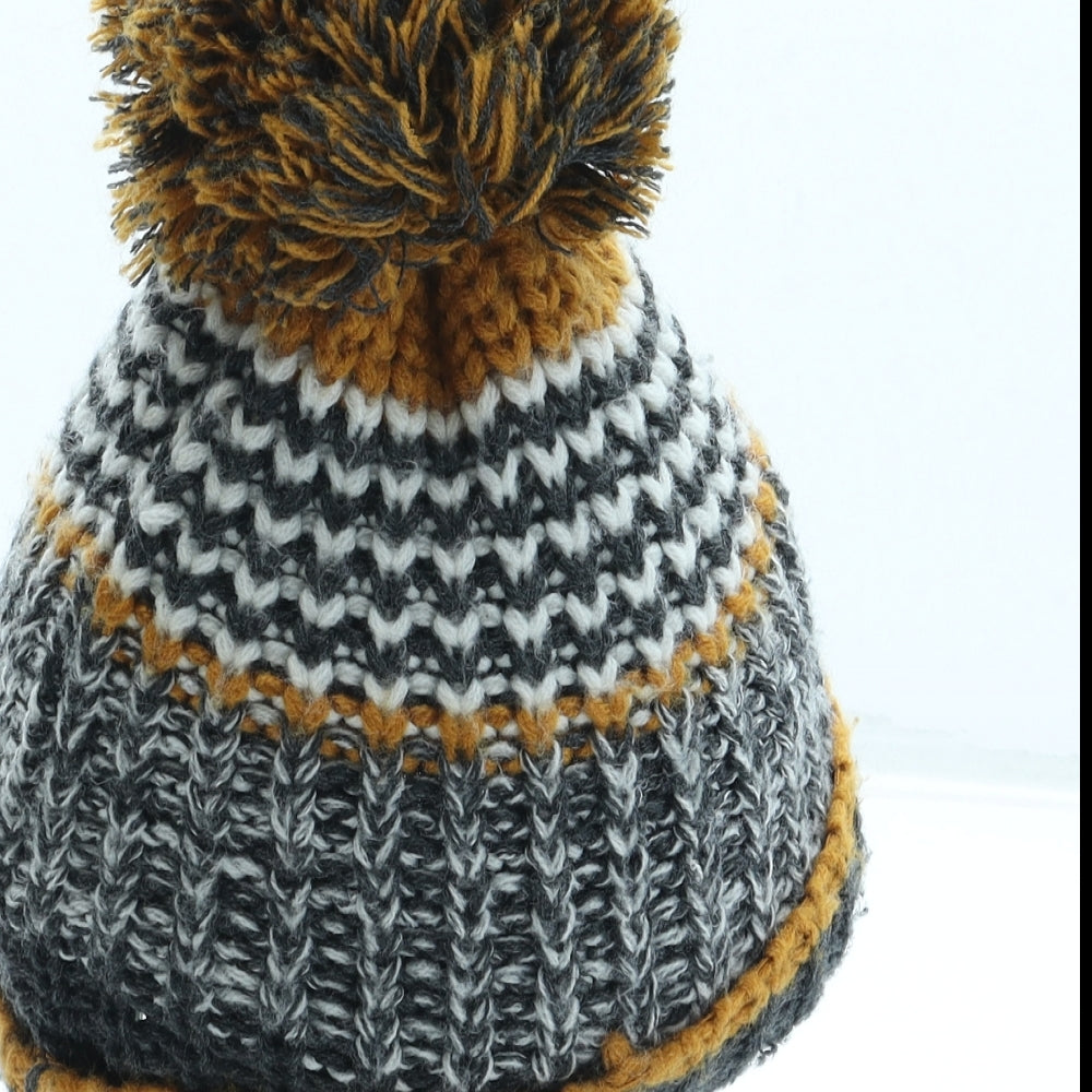 F&F Boys Grey Striped Acrylic Bobble Hat One Size - Pom Pom