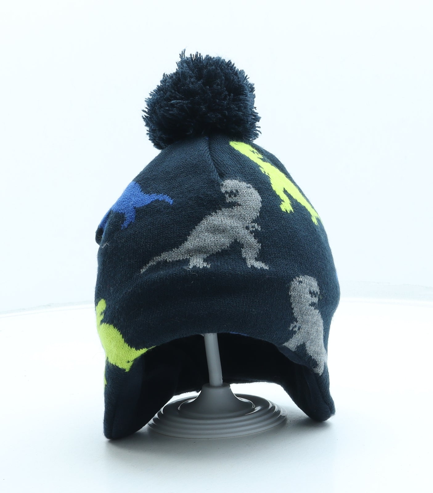 H&M Boys Blue Geometric Acrylic Bobble Hat One Size - Dinosaur