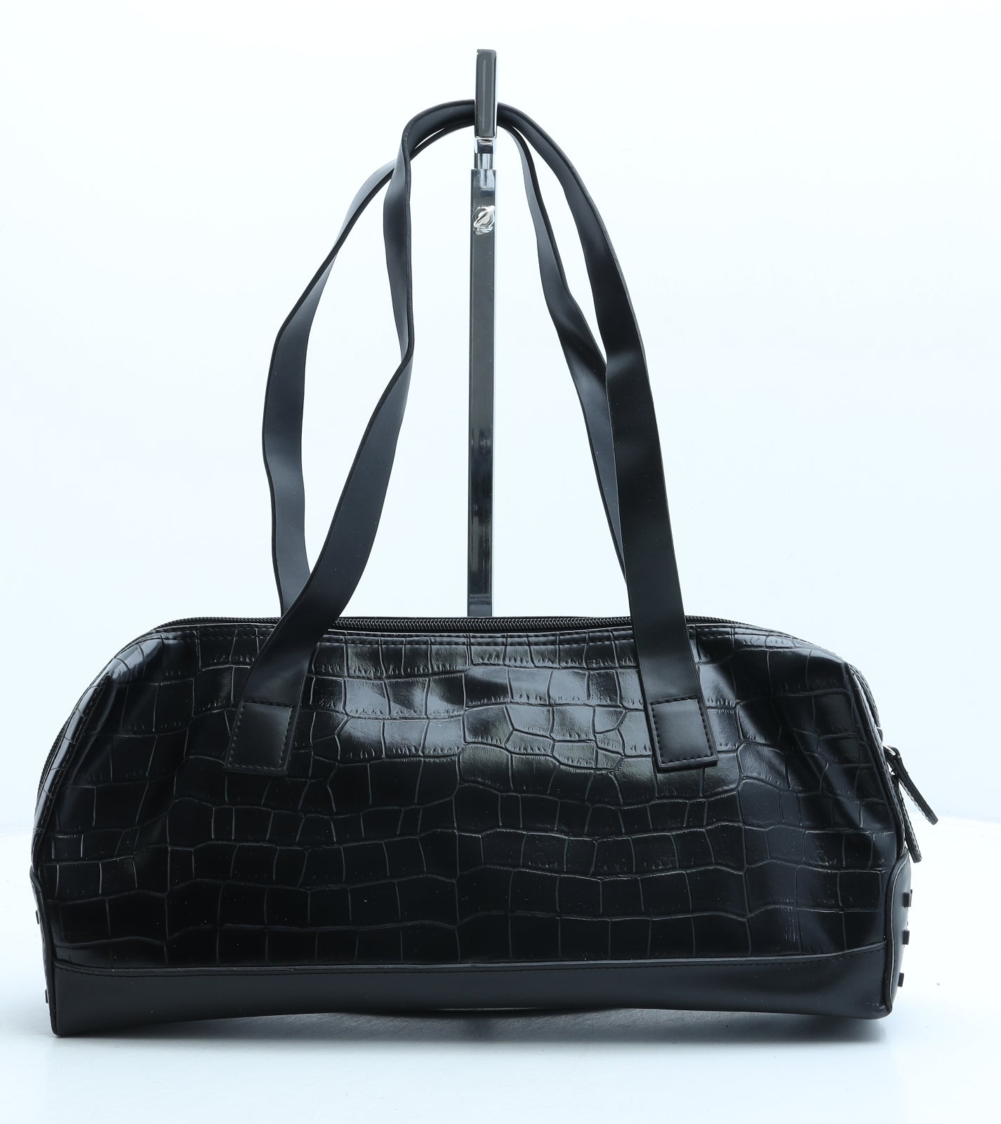 Club House Womens Black Animal Print Polyurethane Top Handle Bag Size Medium - Croc Texture