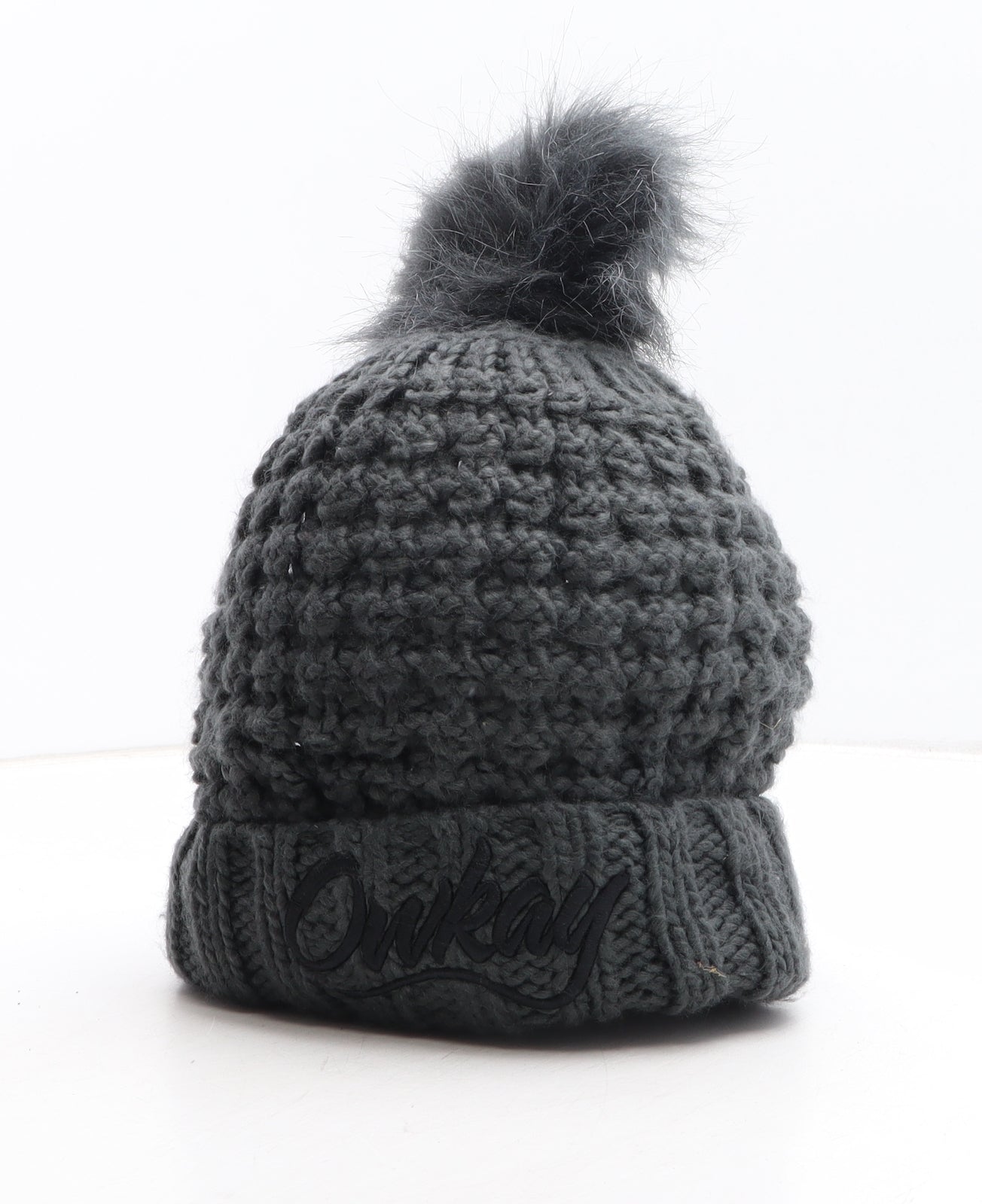 Owkay Womens Grey Acrylic Bobble Hat One Size