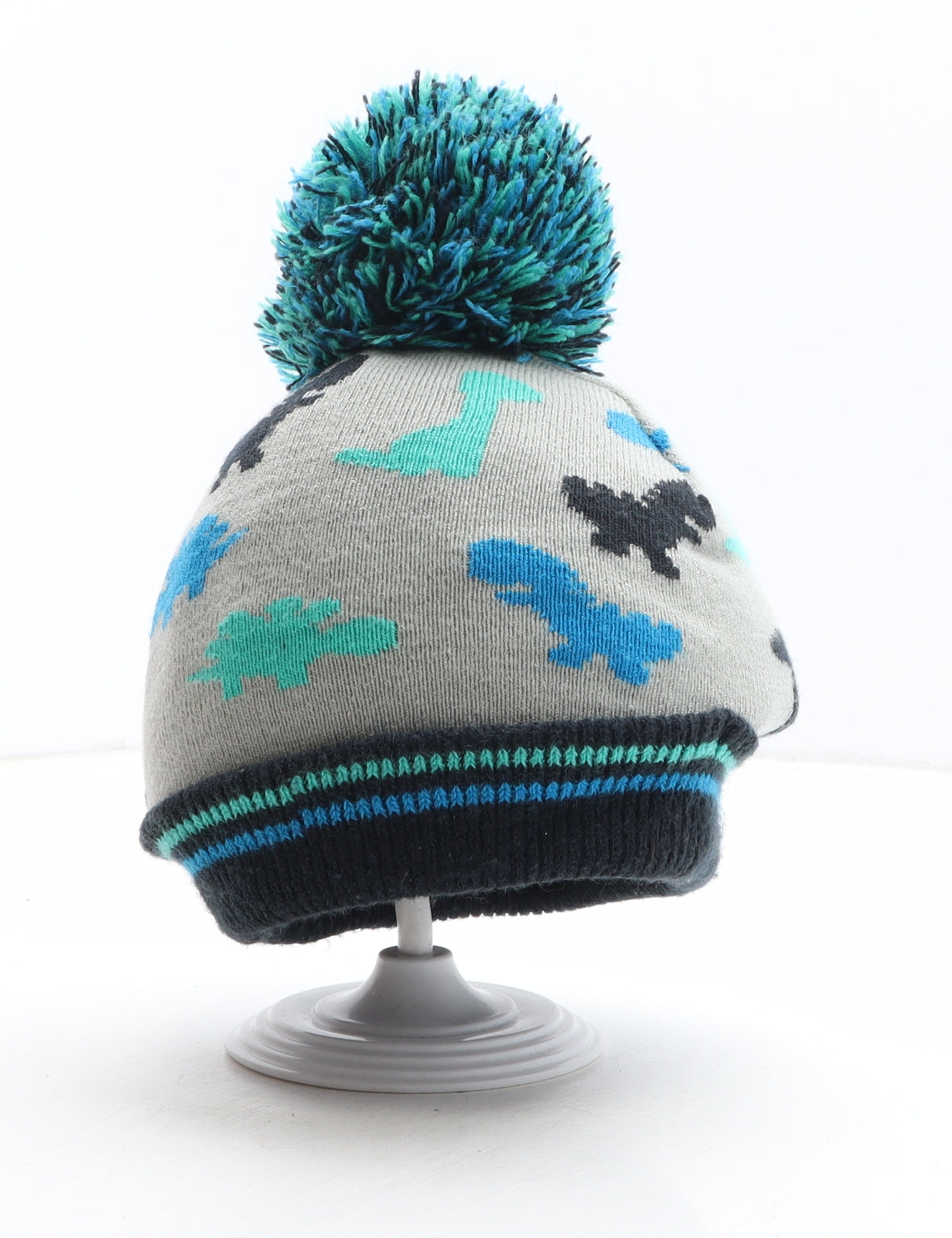 Nutmeg Boys Grey Geometric Acrylic Bobble Hat One Size - Dinosaurs