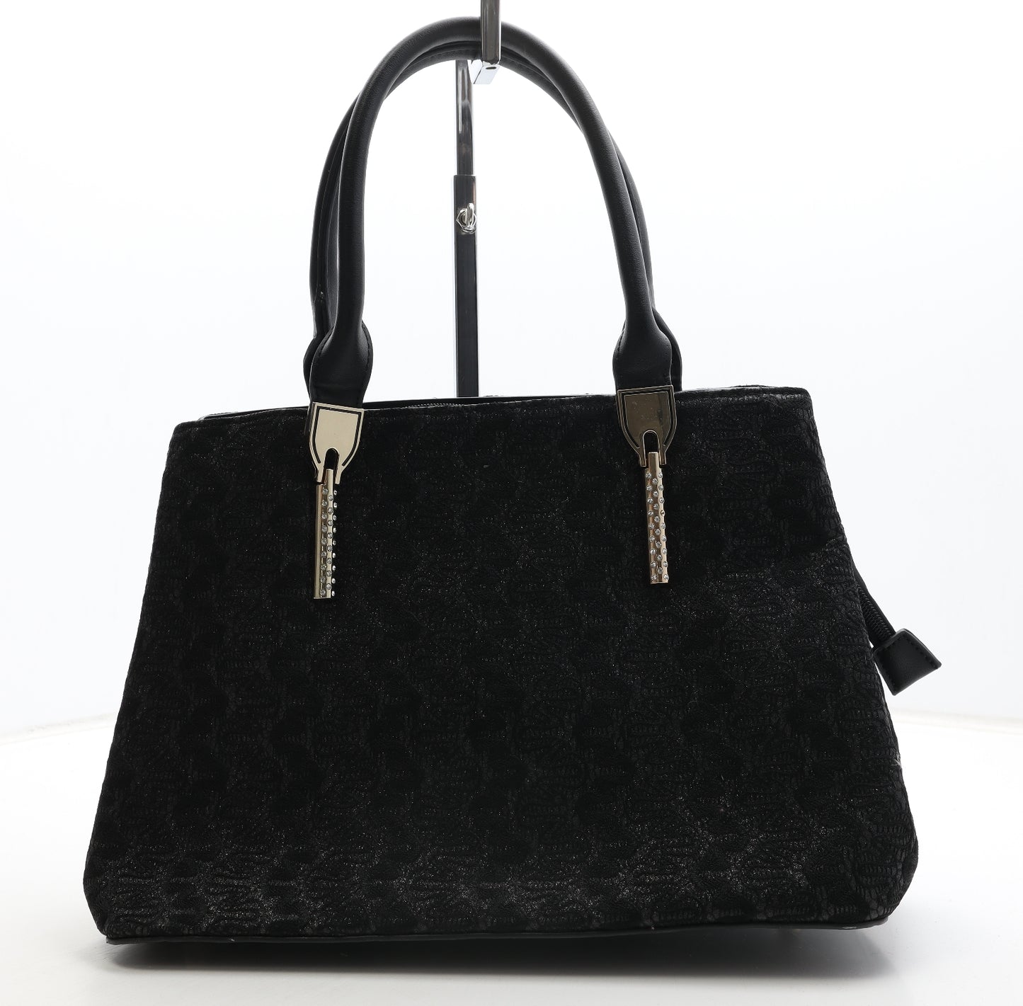 Moda Womens Black Geometric Polyurethane Top Handle Bag Size Medium