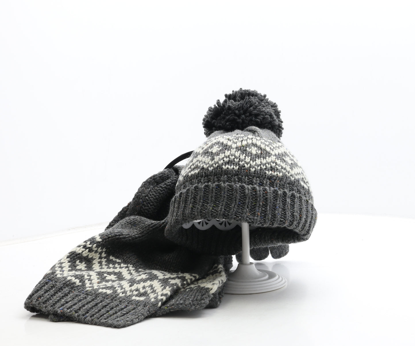 Marks and Spencer Boys Grey Fair Isle Acrylic Bobble Hat Size S
