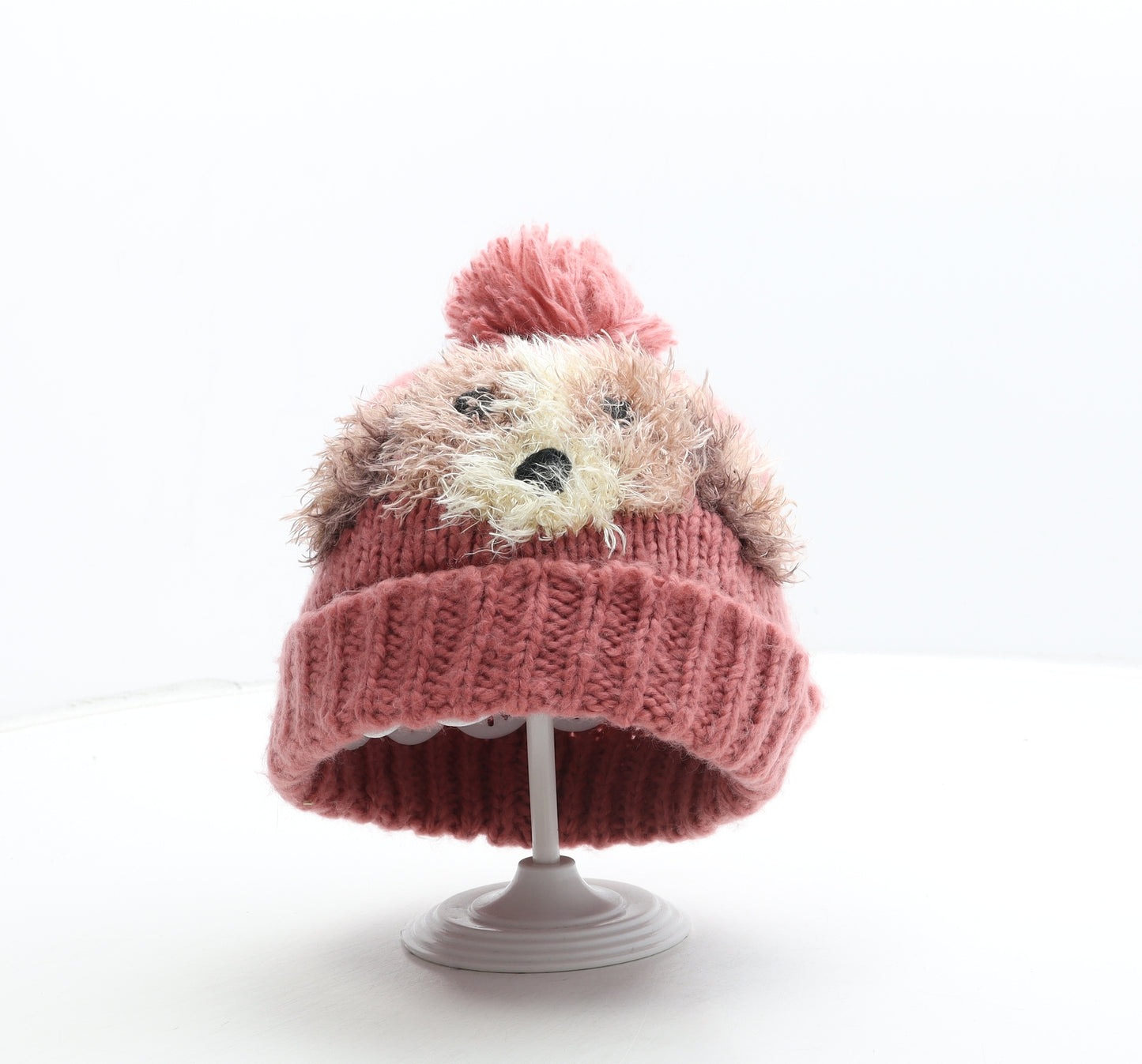 NEXT Girls Pink Acrylic Bobble Hat Size S - Dog Detail