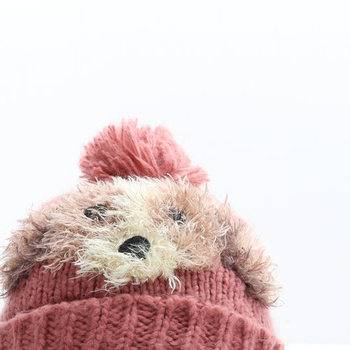 NEXT Girls Pink Acrylic Bobble Hat Size S - Dog Detail