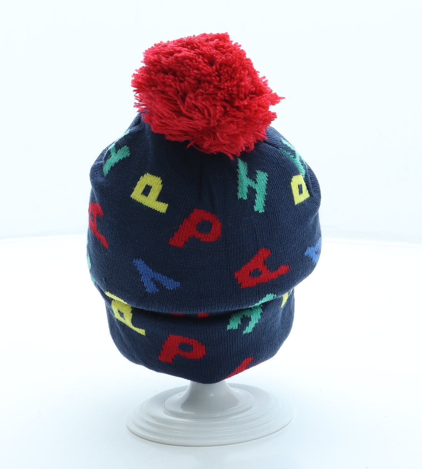 Primark Boys Blue Geometric Acrylic Bobble Hat One Size - Pom Pom