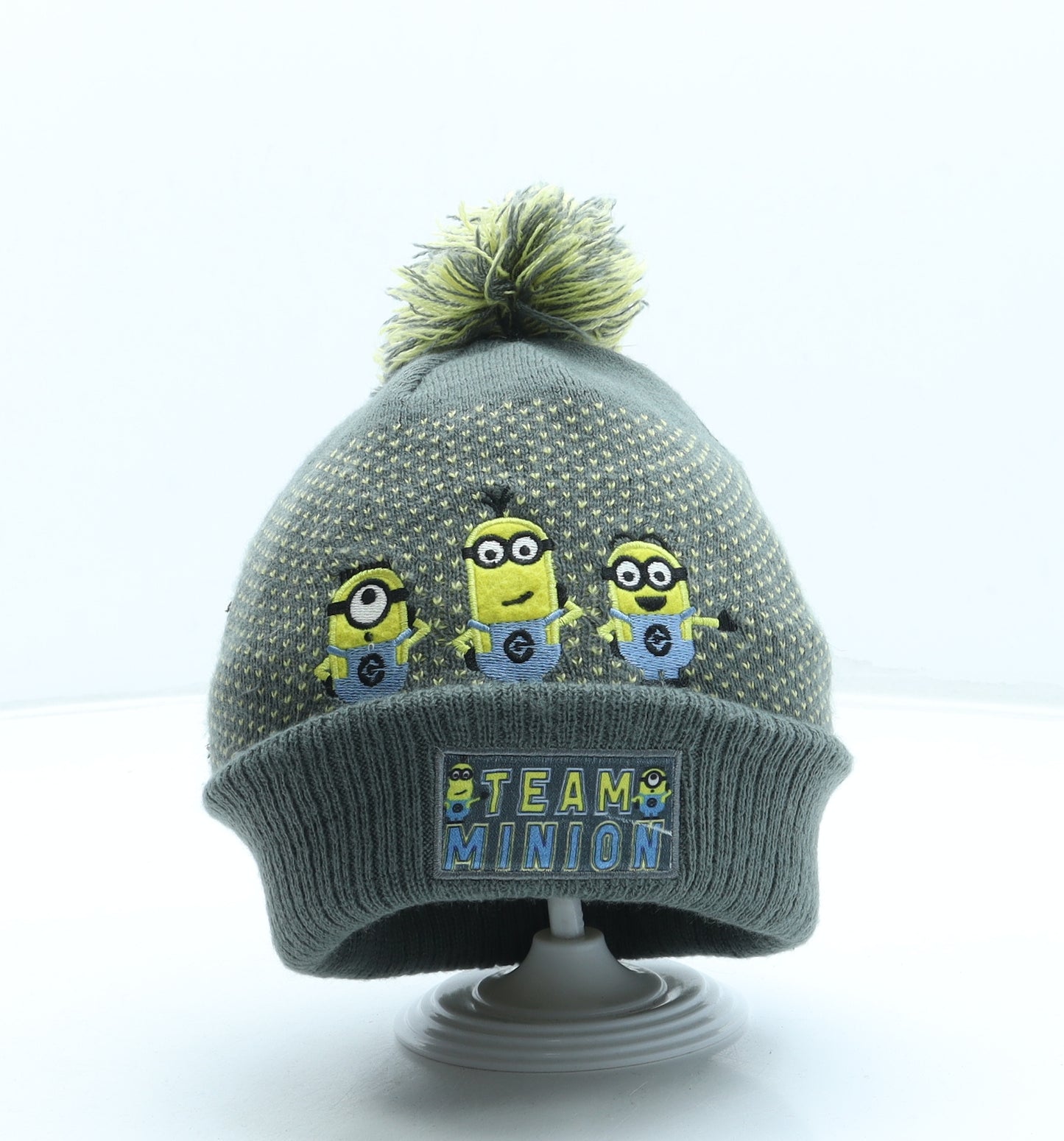 BHS Boys Grey Geometric Acrylic Bobble Hat Size L - Minions