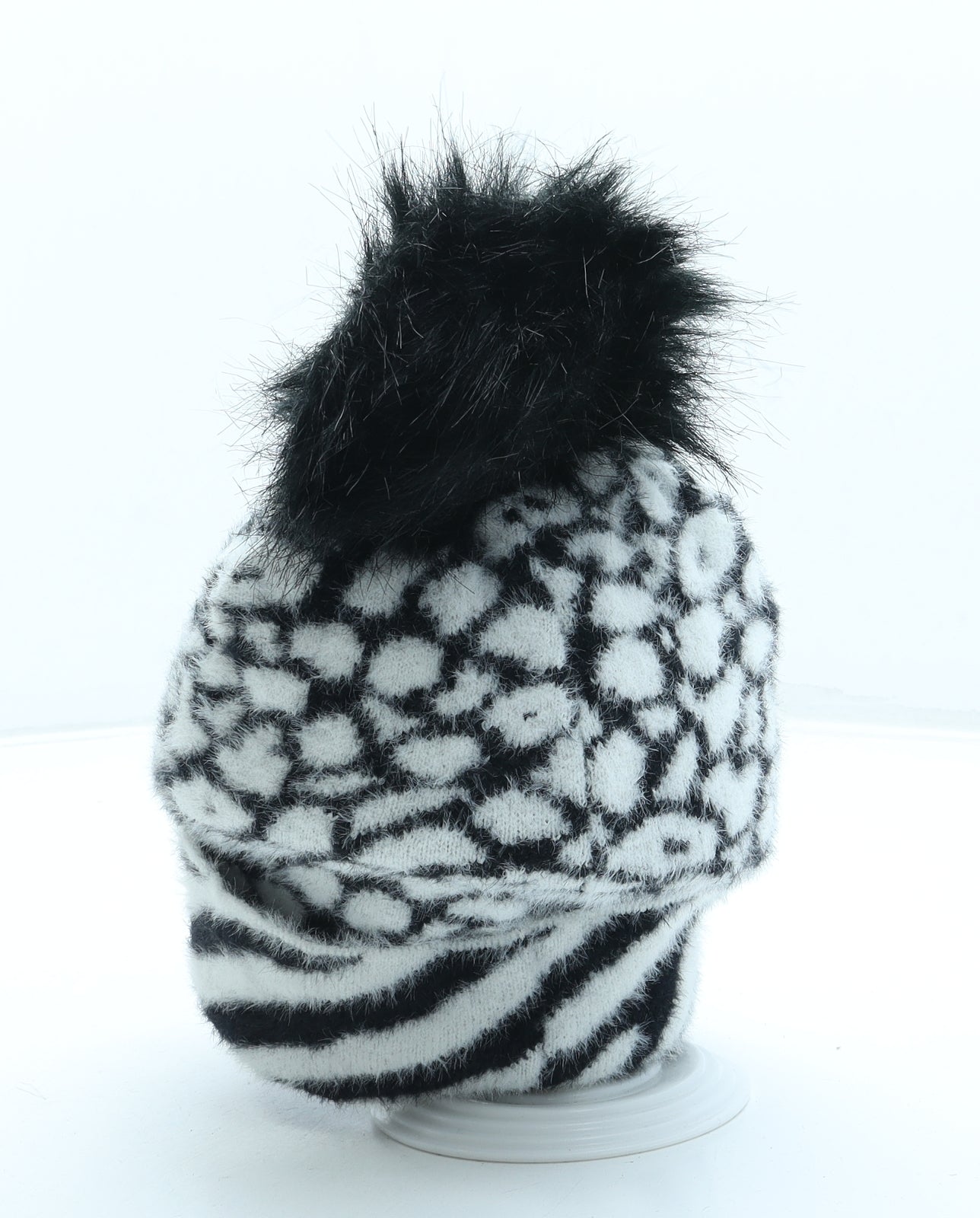 George Womens Black Animal Print Polyamide Bobble Hat One Size - Pom Pom