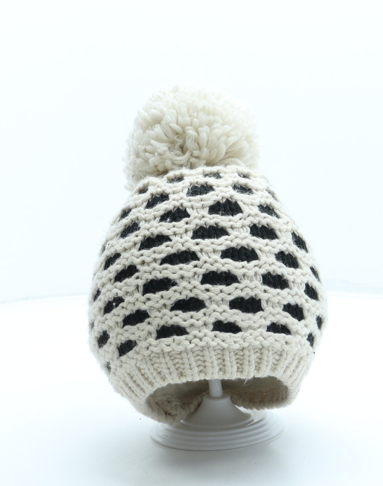 F&F Girls Beige Geometric Acrylic Bobble Hat One Size - Pom Pom