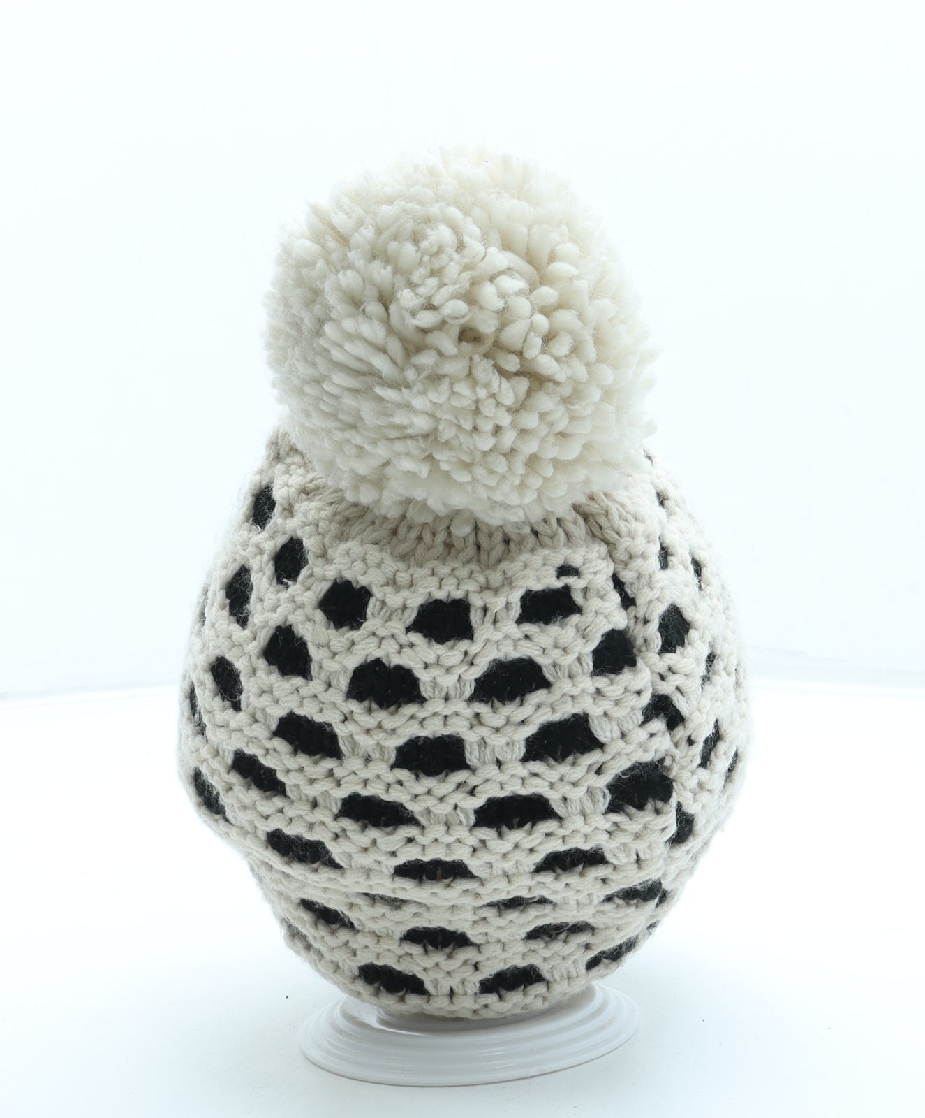 F&F Girls Beige Geometric Acrylic Bobble Hat One Size - Pom Pom